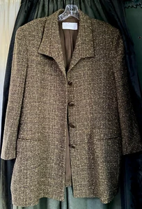 DANA BUCHMAN VINTAGE LONG BOUCLE BLAZER WOOL COTTON BLEND IN BROWN OLIVE 16-14 - Picture 1 of 20