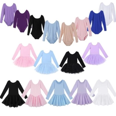 Kids Girls Ballet Leotard Dance Dress Long Sleeve Gymnastics Ballerina Costumes - Image 1 of 3