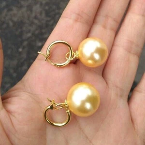 NEW AAA 16mm South Sea Golden Shell Pearl Earrings 14k Gold Unisex Dangle Women - Picture 1 of 3