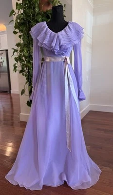 Sz 6 Vintage Pastel Purple Chiffon Frilly Collar Southern Belle Victorian Dress - Image 1 of 4