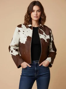 Real Cowhide Leather Zip Jacket Western Style Brown White Outerwear - Picture 1 of 6