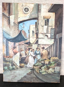 Claudio Marra Original Oil On Wood Painting Capri Italy Village Market Scene - Picture 1 of 10