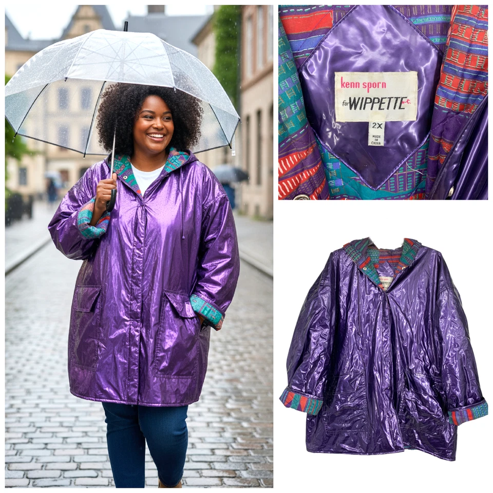 Abrigo de lluvia vintage años 90 Kenn Sporn Wippette Plus talla 2X forro acolchado de vinilo púrpura Foto 1 de 4