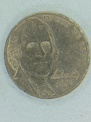 2016 P Jefferson Nickel Circulated with Beehive Die Chip Error On Reverse. $.05 - Image 1 of 4