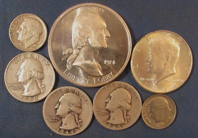 LOTE 6 MONEDAS DE PLATA DE EE. UU. Y PLATA 999 RONDA DE WASHINGTON 1964 MEDIO $ 3 CUARTOS Foto 1 de 3