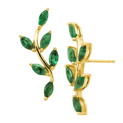 Finecraft 2 cttw Natural Emerald Leaf Climber Earrings in 10K Yellow Gold - Image 1 of 3