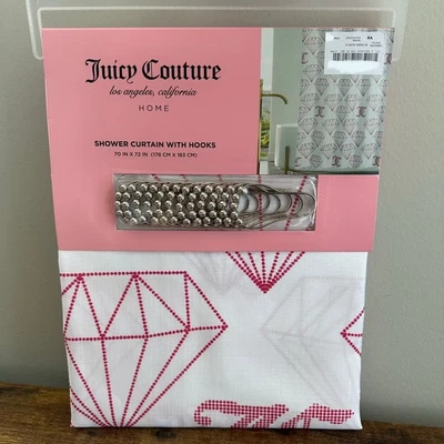 New Juicy Couture White Pink Diamonds JC Fabric Shower Curtain Hooks Set 70x72 - Image 1 of 3