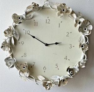 Simply Shabby Chic Wall Clock 15” Diam AA Battery Off White 3D Metal Flowers EUC - Picture 1 of 7