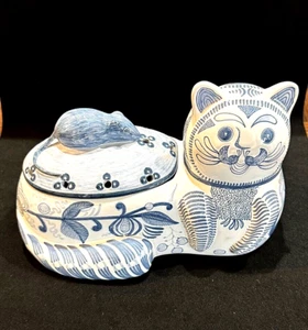 ESTRELA DE CONIMBRA Portuguese VTG Porcelain Art Pottery Cat Mouse Lidded Jar - Picture 1 of 9
