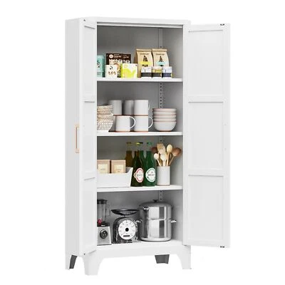 White Metal Pantry Cabinet Kitchen Storage Organizer Tall Cupboard with Shelves - Image 1 of 4