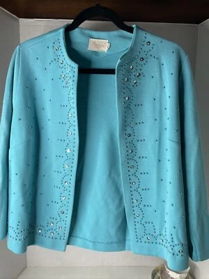 Vintage 1960s Sweater Top / Teal Studded Jeweled Women’s Small/Medium - Image 1 of 4