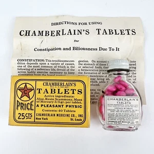 Vintage Chamberlains Laxative Tablets Bottle Full W Box And Medicine Instruction - Picture 1 of 7