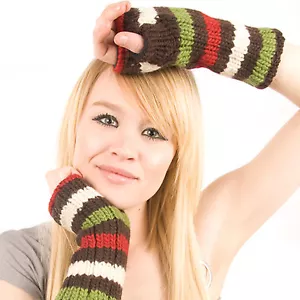 Delux Thick Striped Hand Warmers Brown Lime Rust Ivory Fingerless Gloves Mitts - Bild 1 von 2