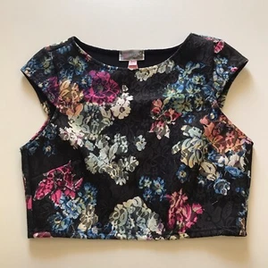 Lipsy London Women's Size UK 10 Black Multi Coloured Floral Crop Top - Picture 1 of 6