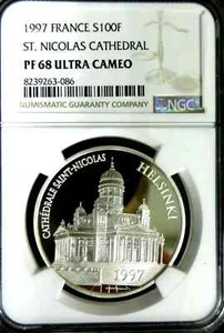 Helsinki France 1997 St. Nicolas Cathedral Silver 100 Francs Super NGC PF68 - Picture 1 of 2