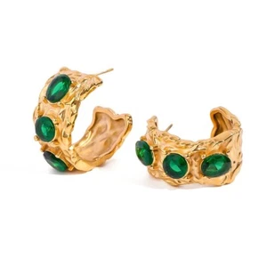 Fashion Woman 18K Gold Plated Green CZ C Shape Round Huggie Earring Stud - Picture 1 of 5