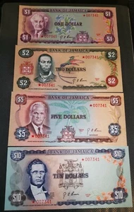 1977 Set of 4 Bank of Jamaica star and same serials Banknotes uncirculated.. - Picture 1 of 10