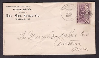 PORTLAND, IND. 1893, ROWE BROS., BOOTS, SHOES HARNESS, ETC. - Image 1 of 2