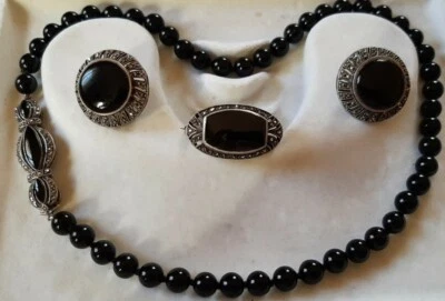 Splendida  Parure  Orecchini Spilla Collana Onice Macassite  Argento 925 D`epoca - Immagine 1 di 4