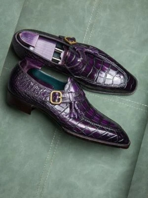 Sapatos de crocodilo com alça de monge roxo feitos à mão, sapatos de escritório formais de couro para homens - Imagem 1 de 2