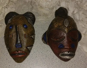 2 Small Terracotta Clay Tribal Face Mask Wall Art Unique Eclectic - Picture 1 of 4