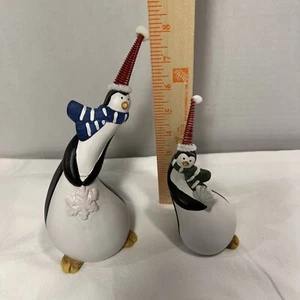 2 Christmas Tipsy Turvy Penguins Pottery Whimsical Figurines - Picture 1 of 7