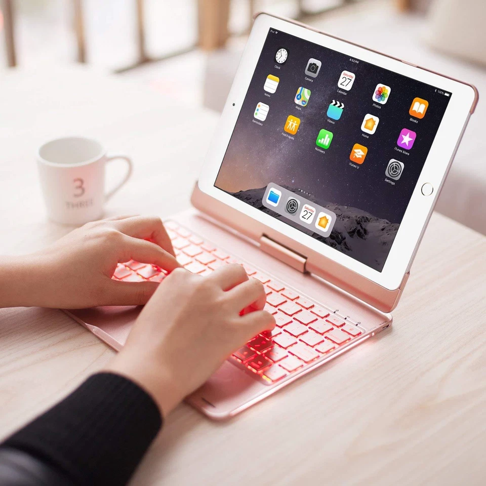 iPad 9.7" 2018/2017/Air 2 360° Giratorio Bluetooth Retroiluminado Teclado Estuche Cubierta  Foto 1 de 4
