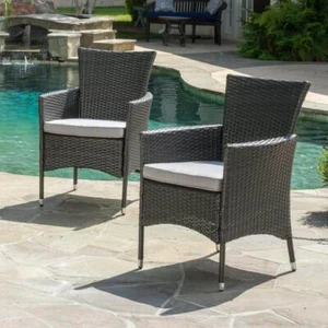 Noble House Outdoor Dining Chair Faux Rattan/Metal w/ LightGray Cushion (2-Pack) - Picture 1 of 6