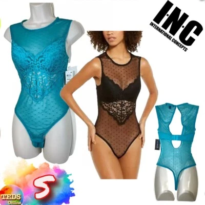 NWT INC Womens S Cupped Swiss Dot Lingerie Thong Bodysuit Green 100077742 $40 - Image 1 of 4