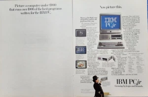 Pubblicità stampa rivista computer IBM PC jr 1984 - Crescere a passi da gigante annuncio 2 pagine - Foto 1 di 2