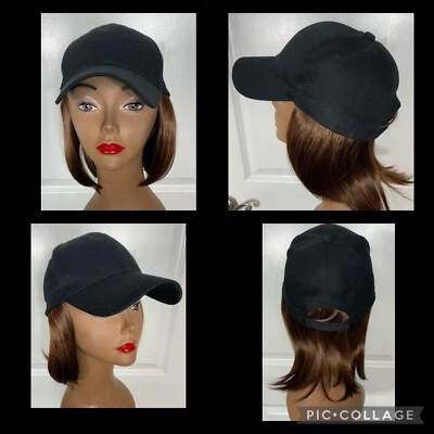 NOVO!  Peruca Bob marrom anexada ao boné de beisebol ajustável preto ótimo para praia! - Imagem 1 de 4