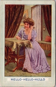 Vintage 1909 Romance Greetings Postcard Pretty Lady on Telephone / Fashion - Picture 1 of 2