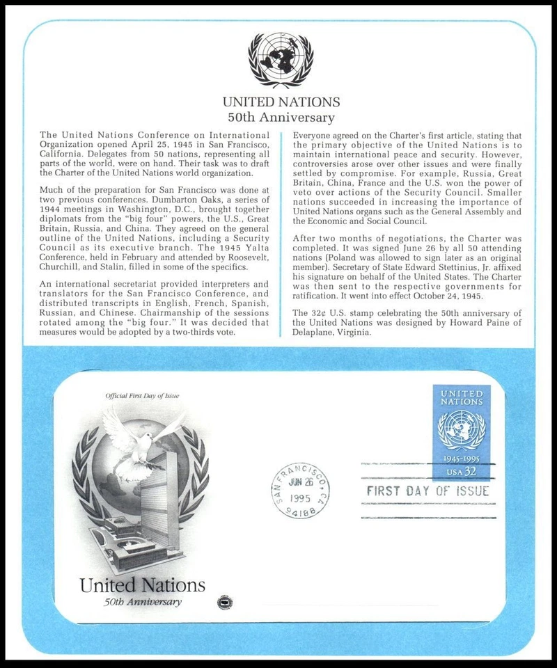 1995 United Nations 50th anniversary Sc 2974 FDC PCS panel world peace diplomacy - Image 1 of 1