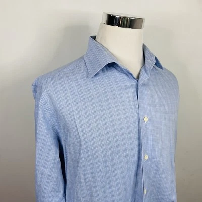 David Donahue 18 34/35 Trim Fit Dress Shirt Blue White Plaid 100% Cotton - Image 1 of 4