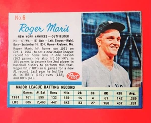 1962 Post Baseball 6 Roger Maris NR-MINT schöne knitterfreie scharfe Karte tolle Farbe - Bild 1 von 6