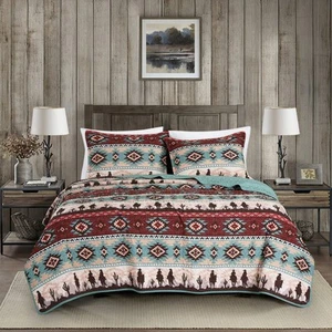 Dune 3-Piece Southwestern Cowboys Aztec Quilt Set - Multicolor Teal Brown Bei... - Picture 1 of 8