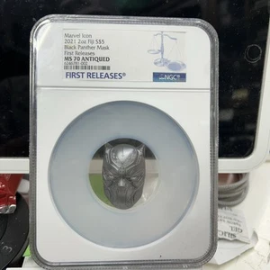 2021 FIJI 2 Oz SILVER $5 COIN MARVEL BLACK PANTHER MASK NGC MS70 Antiqued First - Picture 1 of 8