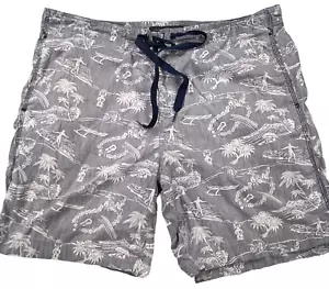 Reyn Spooner Swim Trunks Mens 38 Gray Hawaiian Shorts Aloha Guitar Palm Trees - Picture 1 of 8