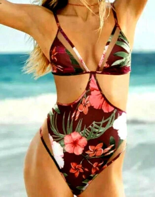 Victorias Secret Nadar ROSA Veneciano Rojo Floral Malla Recorte Una Pieza Pequeño N5047 Foto 1 de 4