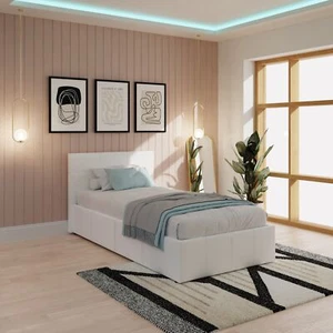 Side Lift Ottoman Gas Lift Up Storage Bed 3ft 90CM Single Faux Leather White - Picture 1 of 8