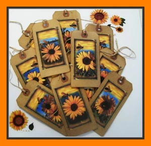 GIRASOLES Y ABEJAS - ETIQUETAS COLGANTES PRIMITIVAS - JUEGO DE 12 - HERMOSAS - Imagen 1 de 4