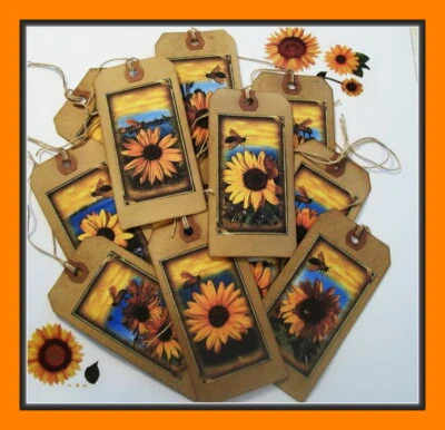 SUNFLOWERS AND BEES - PRIMITIVE HANG TAGS - SET OF 12 - BEAUTIFUL - Image 1 of 4