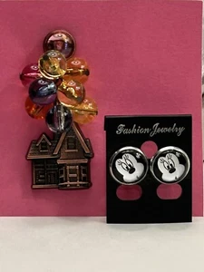 Disney Parks Pixar Up Bead Balloon House Pin With Minnie Mouse Pierced Earrings - Picture 1 of 6
