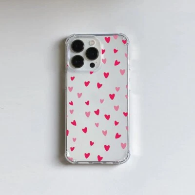 Clear Pink Hearts Case For Iphone 17 16 15 14 13 12 11 Pro Max XR X 8 Samsung S2 - Image 1 of 4