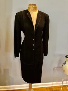 Geoffrey Beene Black Wool Jacket & Pencil Skirt Suit Military Edwardian Piping - Picture 1 of 11