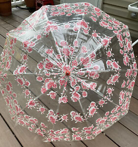 Antik Vintage Regenschirm klar Vinyl mit rosa Blumen