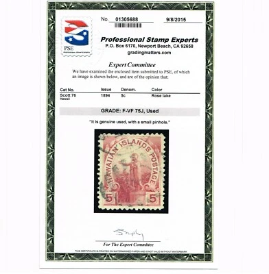 GENUINE HAWAII SCOTT #76 USED 1894 ROSE LAKE PSE CERT GRADED F-VF 75J JUMBO - Image 1 of 3