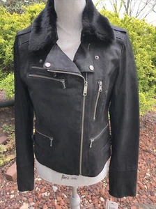 NWT $ 250 Levi’s Genuine Leather Moto Jacket Faux Fur Black Shimmer Sz M - Picture 1 of 4
