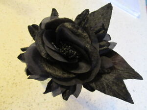 Millinery Flower Rose Black Velvet fringed Petals 4 1/2â€� w/velvet leaves G96