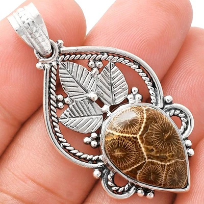 Joyería Colgante Flor Fósil Coral Plata de Ley 925 Calidad Premium P-1258 Foto 1 de 4